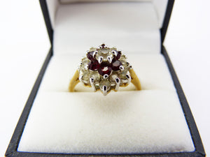 Vintage Costume Crystal & Red Stone Cluster Cocktail Ring Size P