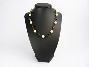 Vintage Faux Pearl Blue, Red & Green Glass Necklace - Gripoix Style Necklace - Coloured Glass Bead Necklace