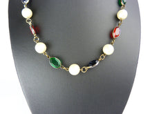 Load image into Gallery viewer, Vintage Faux Pearl Blue, Red &amp; Green Glass Necklace - Gripoix Style Necklace - Coloured Glass Bead Necklace