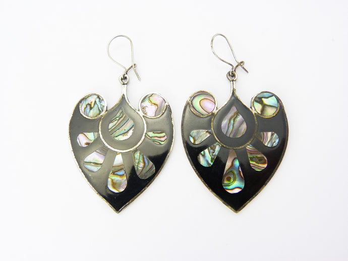 Vintage Mexico Black Enamel Abalone Shell Inlay Floral Heart Earrings