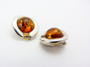 Vintage Modernist Sterling Silver & Amber Clip On Earrings - Minimalist Silver Baltic Amber Round Earrings