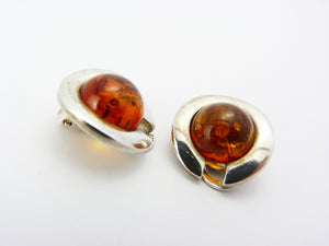 Vintage Modernist Sterling Silver & Amber Clip On Earrings - Minimalist Silver Baltic Amber Round Earrings
