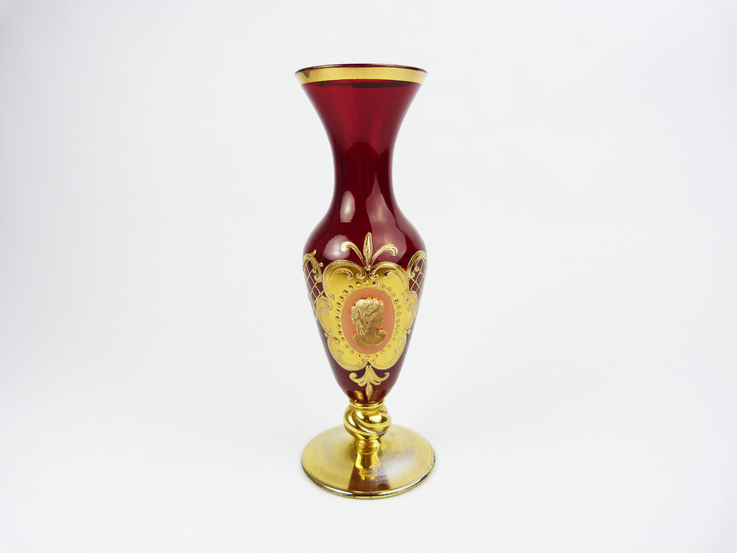 Vintage Bohemian Venetian Murano Ruby Red Gilded Glass Bud Vase