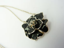 Load image into Gallery viewer, Silver &amp; Black Enamel Flower Pendant Necklace