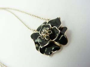 Silver & Black Enamel Flower Pendant Necklace