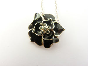 Silver & Black Enamel Flower Pendant Necklace