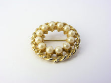 Load image into Gallery viewer, Gold Tone &amp; Faux Pearl Circular Brooch