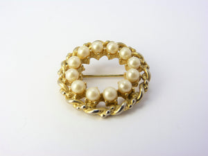 Gold Tone & Faux Pearl Circular Brooch