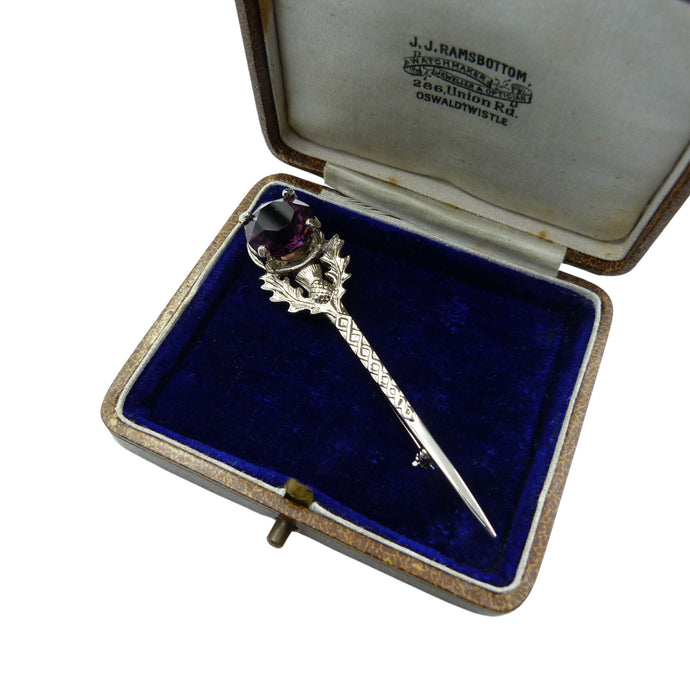 Vintage Scottish Amethyst Glass Thistle Kilt Pin Brooch
