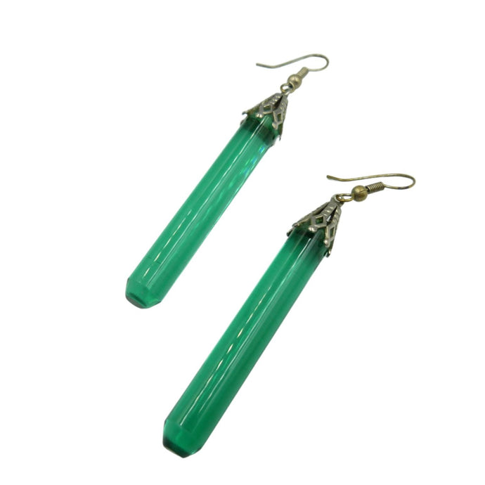 Vintage Art Deco Green Glass Earrings, Dangle Drop Earrings