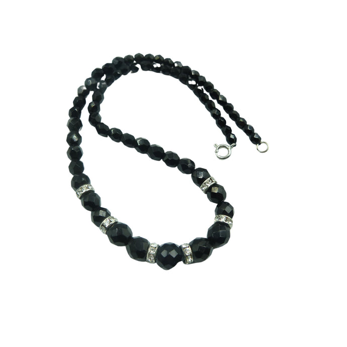 Vintage Black Glass Bead & Crystal Necklace
