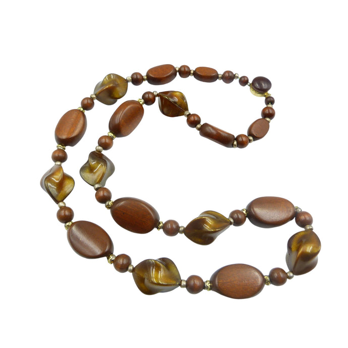 Vintage Brown Wood & Gold Bead Necklace