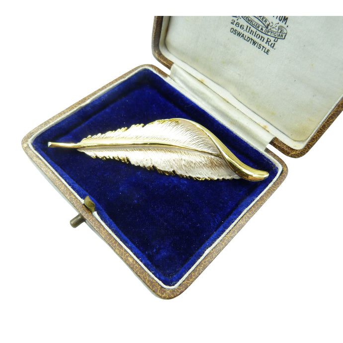 Vintage Gold Tone & White Enamel Leaf Brooch Signed 'HOLLYWOOD'