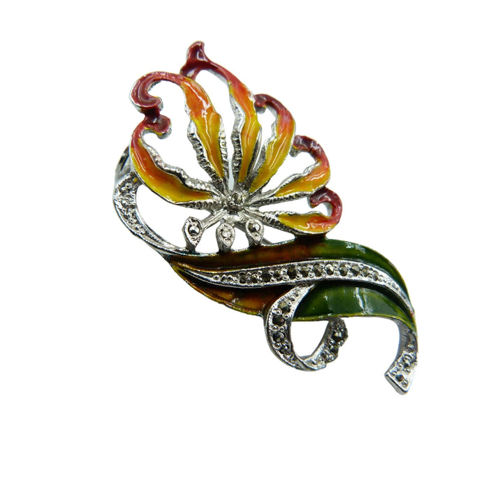 Vintage Red & Yellow Enamel Lily Flower Brooch
