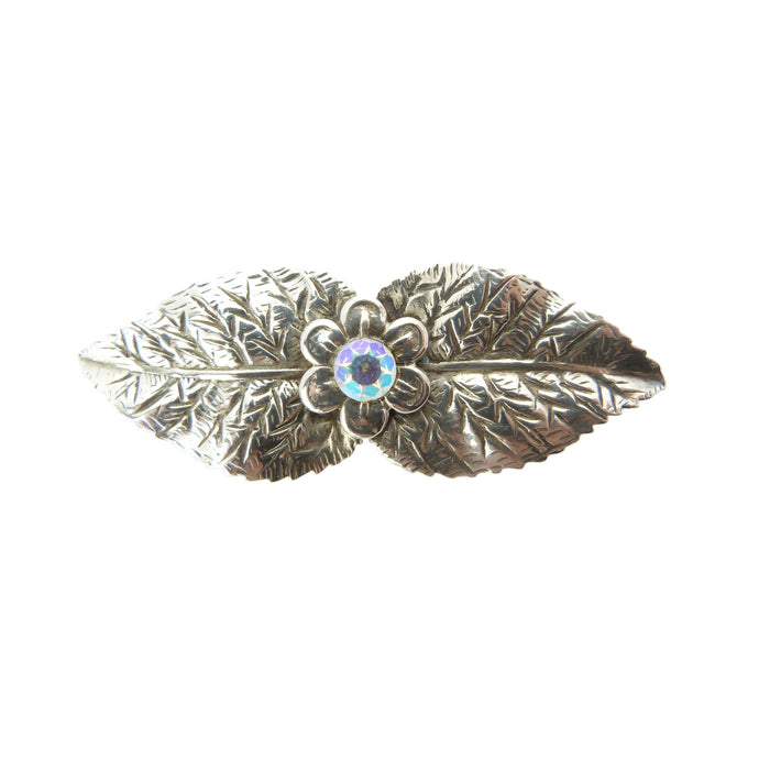 Vintage Silver & Aurora Borealis Leaf Brooch
